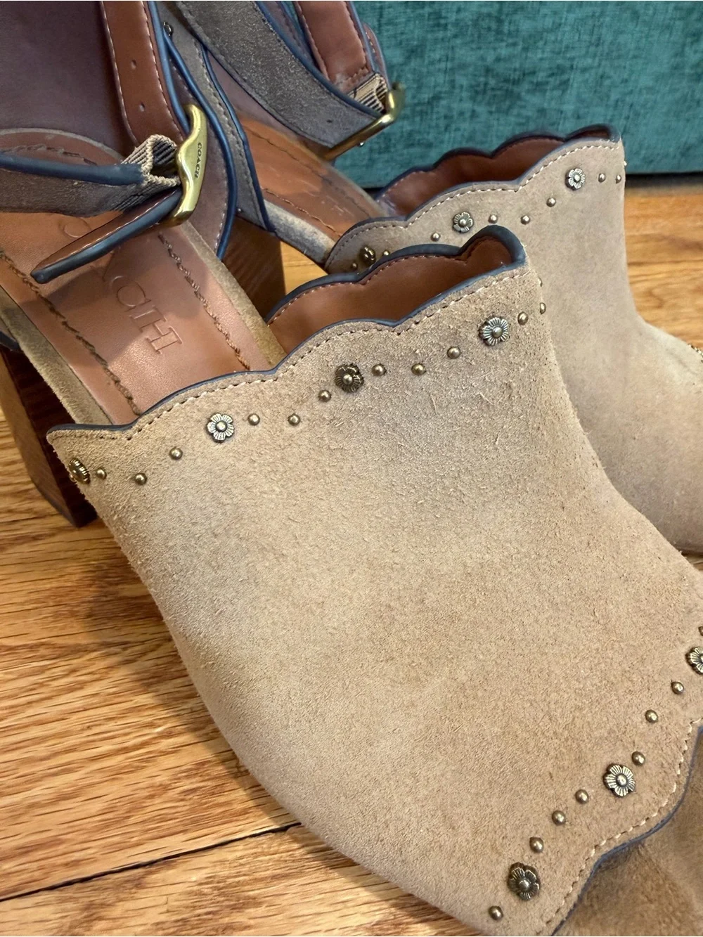 COACH Marnie Suede Block Heel Sandals Women’s 9.5 Tan Ankle Strap Heels w Box